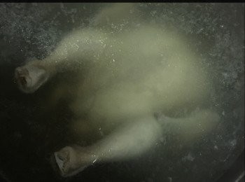 step3: 浸雞湯料：
薑2片。
葱4條切段。
蒜頭2瓣。
鹽1茶匙。



燒熱水將浸雞湯料放入鍋內煲滾，水滾放入整隻雞，水位要蓋過雞面，蓋上蓋待水再煲滾，然後熄火浸約30分鐘後取出。