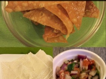 step2: 酥炸餅乾 cracker，材料：雲吞皮 20張。
做法：
將雲吞切成一半成三角形狀，然後放入熱油中，炸至金黃色。
以番茄、洋蔥、青椒，蒜蓉和羅勒葉切碎加入橄欖油、鮮檸檬汁，少許鹽，糖和胡椒粉攪勻便可。