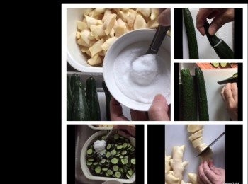 step1: 青瓜切頭尾用鹽磨直至起泡。
子薑與青瓜切厚片。
用鹽醃15分鐘直至出水。