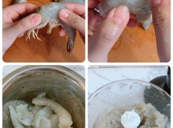step2: 蝦去殻去腸，用攪拌機攪勻，打成蝦膠；