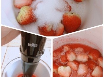 step8: 然後做士多啤梨醬，士多啤梨切粒，加糖和水煮至滾起，再轉細火煮至士多啤梨開始爛，用攪拌器壓成蓉，熄火加入已浸軟的魚膠片(用水浸軟身)，放回爐頭上開中火，將魚膠片煮溶混合在士多啤梨醬內，備用；