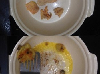 step7: 白鑊下雞肥膏、雞皮和雞屁股，小火把雞油炸出
（不嗜雞油者可不用此步驟，直接下油就行）