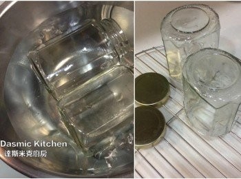 step9: 消毒玻璃罐：玻璃瓶煮2分鐘，蓋子煮20秒，取出瀝乾水分、備用