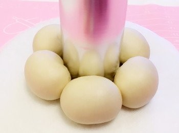 step4: 先把頭部的搓圓收口後， 再稍壓成橢圓形， 然後放上蛋糕中空盤。跟著鼻的部分也一樣做法， 造型後放在頭的前端。