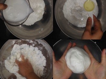 step4: 糯米粉、木薯粉、澄麵先拌勻，先下50ml椰汁糖水，再下油，搓成粉粒，再逐少下椰汁糖水搓成團（大概用一半至三分二的份量）