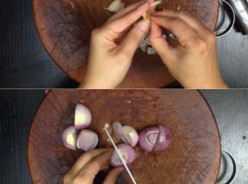 step5: 蒜頭、乾蔥洗淨去皮
洋蔥去皮開半再切大塊