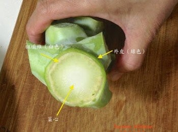 step3: 延著粗纖維和菜心的中間下刀、先用菜刀將梗部外皮及粗纖維撕下 （梗部老皮很硬， 操作時要小心！）