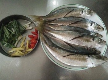 step1: 將竹莢魚【澎湖野生水產】從袋中取出，解凍，將去魚鱗、魚鰓、內臟，並清洗乾淨再於魚背畫刀，鹽醃置約10分鐘在於魚上，辣椒斜切、青蔥切段；