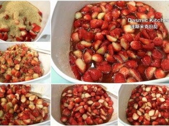 step5: 放入大盆中、倒入砂糖，混合均勻，靜置室溫3小時（不時翻動混合，讓草莓釋放出汁液，砂糖也會漸漸融化！）