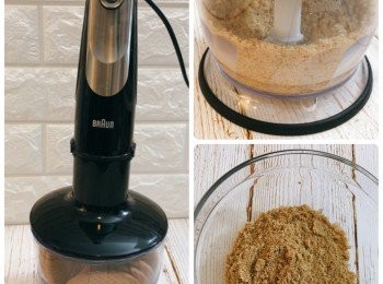 step2: 先做餅底，將消化餅放入攪拌器內攪碎，倒在大碗內；