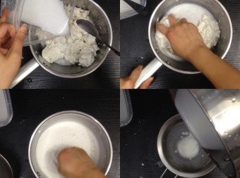 step6: 粉團揉碎，將剩下椰汁糖水先下三分之一，將粉團完全搓溶，再逐少下糖水拌成粉糊，之後隔篩備用