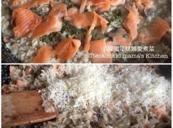 step4: 飯粒煮至軟硬適中後加入煙三文魚和巴馬臣芝士碎，