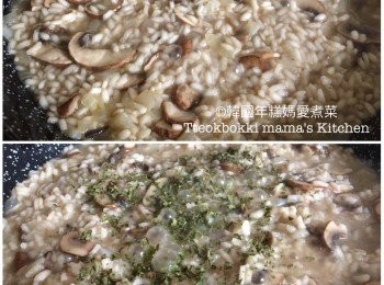 step3: 加入適量雞湯，煮至米粒吸收水份，重覆此步驟3直至飯粒軟硬適中，加入parsley，