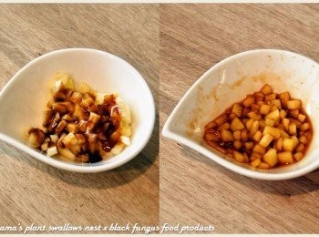 step3: 蘋果洗淨，去皮切成丁狀後，淋上些許焦糖漿，放入烤箱微烤5分鐘。