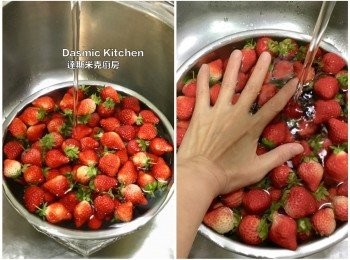 step1: 草莓在流動的清水中漂洗約2-3分鐘(先不用去除蒂頭!)（水量不要太大！），瀝掉水分