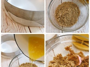 step4: 慕斯圈底下舖烘焙咭紙和牛油紙，用牛油紙包好慕斯圈邊，備用；將餅碎倒入慕斯圈內，用力壓實(一定要壓實)；