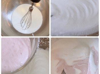 step10: 淡忌廉用攪拌器打至有淡紋，然後將9）的材料慢慢倒入，用膠刮撈勻；