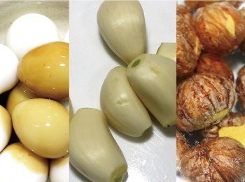 step3: 鵪鶉蛋以醬油略泡一會, 炸好後會呈現金黃色。
新鮮粟子, 以熱開水浸泡至涼透, 比較容易把皮去除。炸過的栗子燉煮後不易散開。
鵪鶉蛋、蒜頭、粟子, 受熱時間差不多, 可一同油炸。
