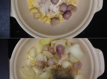 step8: 把雞油炸出後，把雞肥拿掉，下蒜頭、乾蔥炒香
下洋蔥、豆瓣醬炒香