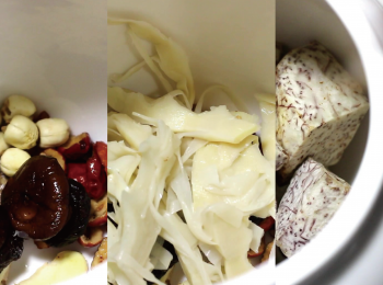 step10: 第一層, 先放入薑片、紅棗、蓮子和香菇。
第二層, 荀乾
第三層, 芋頭