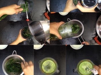 step3: 班蘭葉先洗淨剪碎，加入糖水用攪拌機打勻，隔渣後加入椰汁拌勻備用