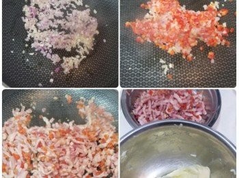 step3: 熱鑊加橄欖油，爆香蔥頭及紅椒粒。
加入煙肉粒爆至帶啲焦香，盛起。