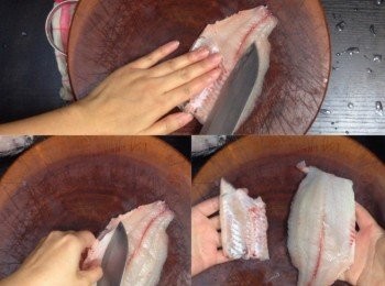 step5: 半片魚肉起出後，再用刀貼骨慢慢把剩下的魚骨切出