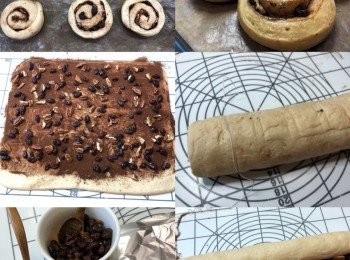 step2: <span class="group_1">麵團</span>搓至能拉起薄膜，搓圓發酵至兩陪大，排氣後給<span class="group_1">麵團</span>靜止20分鐘鬆弛
把<span class="group_1">麵團</span>擀平長方形 揸上黑糖肉桂朱古力粉後再放上冧酒提子山核桃，捲起分9分放入焗盤，發酵至1.5至兩倍大，用180度焗15分鐘左右