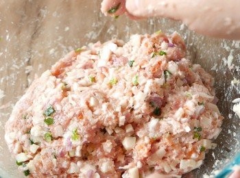 step7: 再加入鹽、蓮藕、蝦米、蔥、芫荽和紅蔥頭，用手拌勻，把豬肉搓至有黏性後，把豬肉撻至有黏性不會散開，約40-50下。