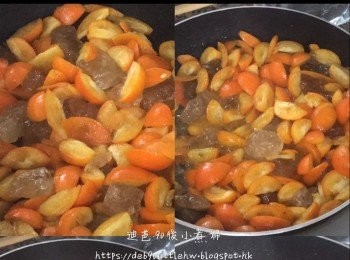 step4: 開中小火加入柑桔，再加入冰糖，蓋上蓋煮10分鐘，再攪拌（免燶底）。