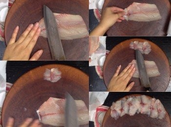 step7: 之後再用蝴蝶切法斜切起片，即第一刀切到底不切斷，下一刀才切斷，再瓣開成兩半