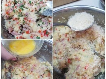 step5: 將炒起的煙肉料加入薯容，加入蛋汁撈勻。
放入麵包糠撈勻。