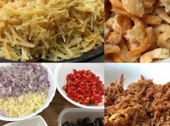 step1: 瑤柱(洗淨後浸軟隔水蒸半小時搣絲)，
金華火腿(洗淨後隔水蒸20分鐘用刀背揼碎像肉絲),
蝦米(洗淨 揼鬆)，
乾蔥頭 蒜頭(去衣 切碎)，
紅辣椒(切粒 一段段),
黑蒜(切細粒)
乾紅椒(一段段)