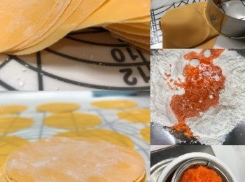step4: 自製燒賣皮：中筋粉200g；紅蘿蔔汁90g (紅蘿蔔加水攪拌1:1)；海鹽3g。
這個份量大約整到70多塊直徑8cm圓形燒賣皮
# 把所有材料拌勻後滾圓 用保鮮紙包好放置1小時左右就可以用麵棍或用壓麵條機做出燒賣皮