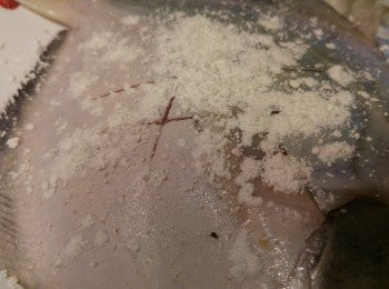 step2: 魚身索乾水粉, 撒上海鹽和粟粉。