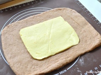 step4: <span class="group_2">裹入麵包材料B組</span>的無鹽奶油120g放在麵糰中間邊邊預留麵皮包覆
