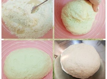 step9: 在大碗內放入400g麵粉、4湯匙糖、1茶匙baking powder和1茶匙鹽拌勻，然後倒入(8)依士水和1湯匙油後用手搓勻，另外準備大約50ml水(但不要一次過倒入喔)搓<span class="group_3">麵糰</span>時如<span class="group_3">麵糰</span>太乾時．將水逐少倒入搓勻，直至<span class="group_3">麵糰</span>搓至光滑不黏手就可以。