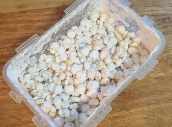 step7: 蓋上蓋子，搖晃到每顆玉米都沾滾上玉米粉。