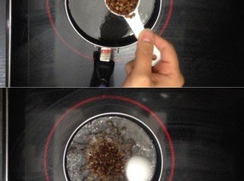 step14: 在煮魚片期間，另用一小鍋燒熱半飯碗的油，
先用一粒川麻椒試油溫，之後下川麻椒炸上15秒