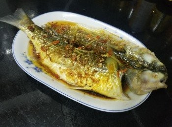 step5: 做法 :

將烏頭清洗及將魚肚內黑的黏膜去掉 , ( 這黑色黏膜會另蒸出的魚帶腥味 , 所以必須要徹底清除) 隔乾水份或用廚紙吸乾水份備用 . 

將雞粉 , 胡椒粉 , 薑黃粉調配後撈好 , 再塗抹在烏頭魚身 , 稍為醃 20 分鐘 , 預備蒸爐在烏頭上放上薑絲 , 辣椒碎 , 水滾放入蒸 6 分鐘 , 如太多魚水可倒掉 , 燒少少滾油淋上 , 再加少少生抽或蒸魚豉油 , 完成 .