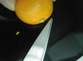 step1: 先將柑桔頂部枝節剪平, 但不可以剪破柑桔。