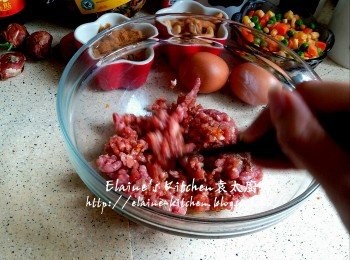 step1: 豬肉碎放入大碗內 , 加入<span class="group_2">醃料</span>拌勻靜待30分鐘