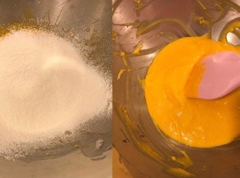 step4: 低筋麵粉過篩，加入蛋黃糊內，用膠刮以切拌方式輕手拌勻至無粉粒
預熱焗爐160度