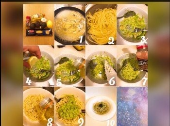 step1: 按照意粉包裝指示煮熟，意粉瀝乾備用，將牛油果肉取出，用叉將牛油果壓蓉