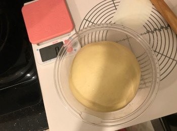 step3: 將打好的麵團滾圓，放在已噴油的盆中，用保鮮紙包好，放在密閉空間發酵45-60分鐘至兩倍大