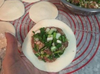 step10: 從第一片桿好的開始包，放入適量的肉餡，要把肉餡壓實，比較好包，接著就是食指外姆指內的慢慢將<span class="group_1">包子皮</span>摺起來，姆指到最後要收口時才要放開，收口要捏緊。包好後擺在防沾紙上。