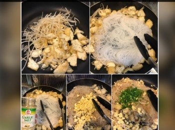 step3: 燒熱油落芽菜，豆卜，
炒出香味落粉絲。
（粉絲落鑊前，用熱水灼一下，之後不要水）
加入蒜鹽粉和老抽兜匀，蛋鬆回鑊，炒至粉絲乾身，
加入蔥花兜幾下。