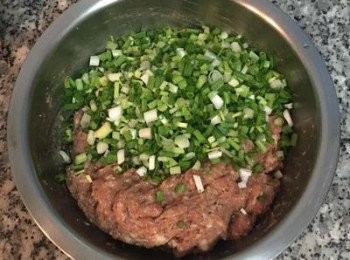 step2: 絞肉加入水、醬油、鹽、糖、黑白胡椒粉、紅椒粉混勻到液體完全吸收了，放入薑泥與香油，再次拌勻；蔥倒在肉上，但先不拌，就這樣用保鮮膜包好後放入冰箱冷藏。