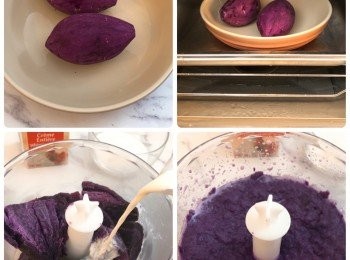 step2: 紫薯去皮，蒸20分鐘切件，將已切件的紫薯加入一半牛奶，用攪拌器攪勻，打成紫薯蓉，備用；