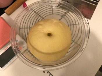 step2: 將打好的麵團滾圓，放入已噴油的盆中，包上保鮮紙，放在密閉空間發酵60分鐘至兩倍大